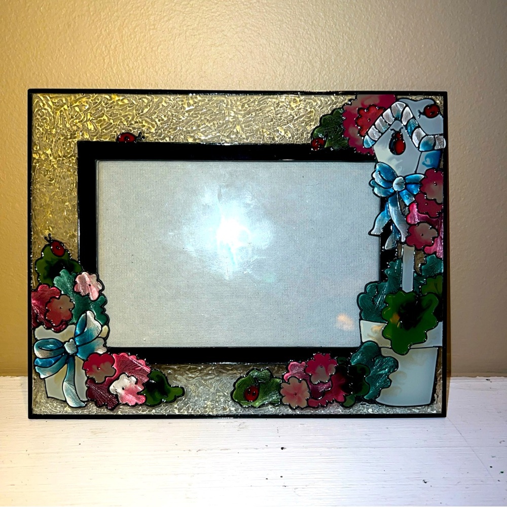 Hand Painted Stained Glass Picture Frame bird house, lady bug, Flowers Frame